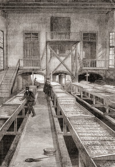 Interiér rybí farmy z 19. století v Huningue, Francie, z Les Merveilles de la Science, vydáno kolem roku 1870 (rytina) od French School