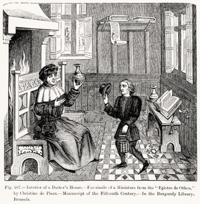 Interiér domu lékařů, z Epistre dOthea od Christine de Pisan, ilustrace z Vědy a literatury ve středověku a renesanci, napsal a vyryl Paul Lacroix, 1878 (gravi od French School