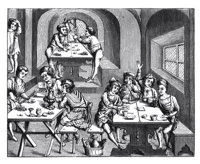 Interiér hostince, po dřevorytu ve foliovém vydání Virgilia, vydáno Lyons, 1517 od French School