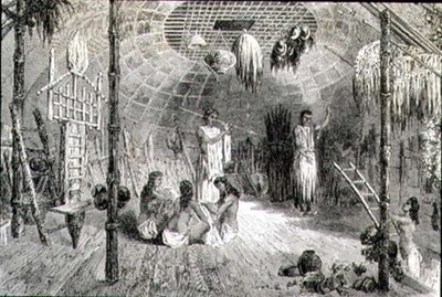 Interiér indiánské chýše v 60. letech 19. století (rytina) od French School