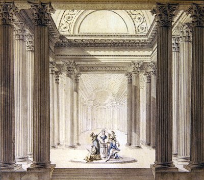 Interiér chrámu ctnosti, cca 1770 (pero a inkoust s akvarelem na papíře) od French School