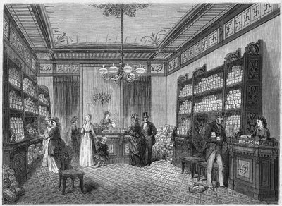Vnitřní pohled na kavárnu „Compagnie du Moka-Zanzibar“, která se nachází v Paříži na adrese 47, rue Vivienne. Rytina v „“ Le Monde Illustré““ č. 808 z 5. října od French School