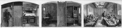 Vnitřní pohled na zdravotnický vagón a refektářský vagón zdravotnického vlaku francouzské Societe de secours aux wesses militaires. Rytina v „“ Le Monde Illustré““ č. 846 z 28. června 1873. od French School
