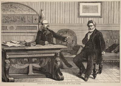 Rozhovor mezi hrabětem Bismarckem a M. Julesem Favrem, září 1870, ilustrace z Cassellse Historie války mezi Francií a Německem, 1870-1871 od French School