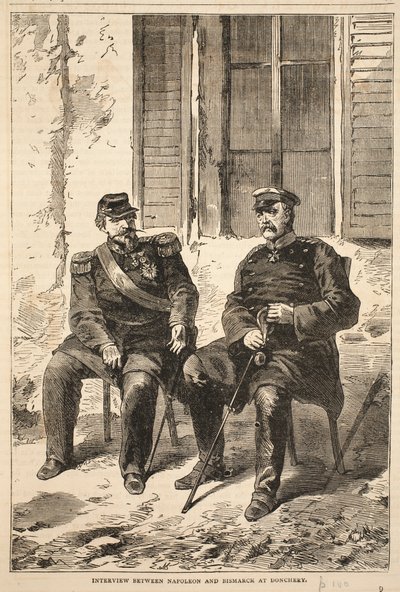 Rozhovor mezi Napoleonem a Bismarckem v Doncherry, ilustrace z Cassells Historie války mezi Francií a Německem, 1870-1871 od French School