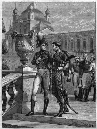 Rozhovor Alexandra I. z Ruska (1777-1825) a Michela Duroce (1772-1813) v Petrohradě v dubnu 1801 – rytina z roku 1865 v „Histoire du Consulate et de la Empire“ od Louise Adolphe Thierse – Rozhovor mezi císařem Alexandrem I. Rusko (1777- od French School