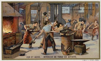 Železo a ocel. Interiér rušné kovárny (chromolitho) od French School