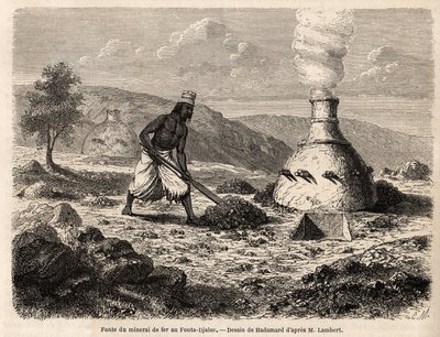 Tavení železné rudy ve Fouta Djalon, Senegal, kresba od Hadamarda, která ilustruje cestu poručíka Lamberta do Fouta Djalon v roce 1860. Rytina v časopise "Le tour du monde" 1861. Selvova sbírka. od French School