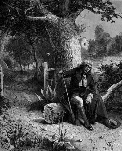Isaac Newton (1642-1727), anglický matematik a astronom, který objevil pojem zemské gravitace prostřednictvím jablka padajícího z jabloně ve Woolsthorpe. od French School