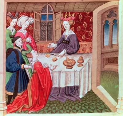 Isolde prosí královnu Guineveru o ochranu, Roman du Chevalier Tristan od French School