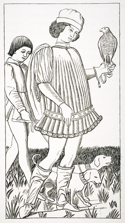 Italský šlechtic držící jestřába, podle hrací karty vyryté do mědi, kolem roku 1460, z „Le Moyen Age et La Renaissance“ od Paula Lacroixe (1806-84), vydaného v roce 1847 od French School