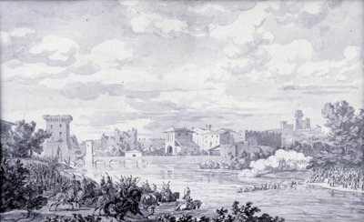 Italský venkov: francouzská armáda prošla v roce 1796 přes řeku Mincio do Borghetta. Anonymní kresba. Paříž, Muzeum Louvre od French School