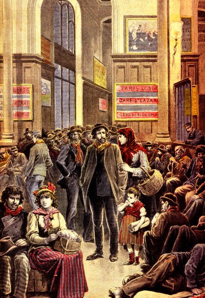 Italialaiset emigrantit Pariisissa Gare Saint Lazaren rautatieasemalla maaliskuussa 1896 (kaiverrus) od French School