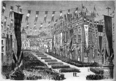 Sjednocení Itálie, Turín, 2. dubna 1860: výzdoba zámeckého náměstí (Piazza Castello) u příležitosti otevření italského parlamentu. Rytina v „“ Le Monde Illustré““ č. 157 ze 14. dubna 1860. od French School