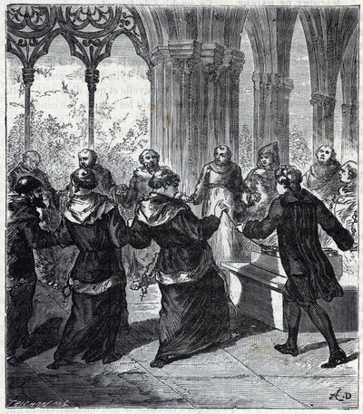 JEAN ANTOINE NOLLET (1700-1770) způsobil elektrický otřes řeholníkům z kláštera v kartuziánech - Rytina v „“Vědách, které jsou dostupné všem – fyzika a chemie““ od Alexise Clerca – konec 19. století – soukromá sbírka od French School