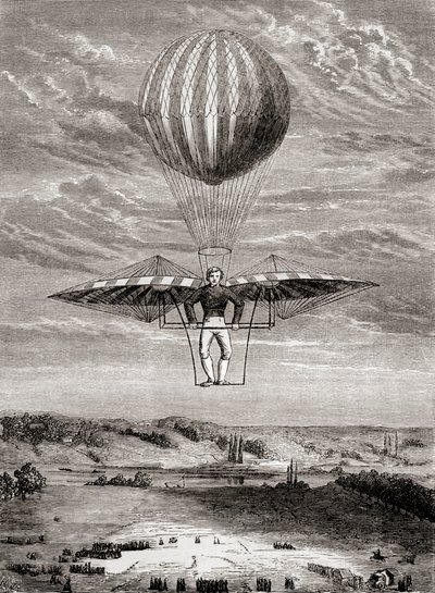 Ornitoptéra Jacoba Degena z roku 1808 s klapkami, v níž pilot stál na pevném rámu a ovládal křídla pomocí pohyblivé vodorovné tyče, z knihy "Les Merveilles de la Science", vydané kolem roku 1870 (litografie). od French School