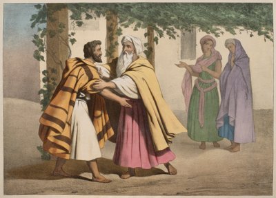 Jacob s Labanem a jeho dcerami, ilustrace z katechismu LHistoire Sainte, vydal Charles Delagrave, Paříž, konec 19. století od French School