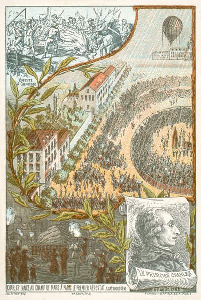 Jacques Charles vypouští první vodíkový balón z Champ de Mars v Paříži, 27. srpna od French School