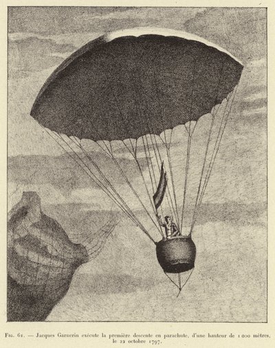 Jacques Garnerin popraví premiérový sestup na padáku, z výšky 1000 metrů, 22. října 1797 od French School