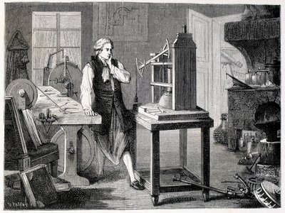 James Watt studující zdokonalení Newcomenova stroje (1767) - v „“ Album of Science; proslulí učenci; Velké objevy““ 1896. od French School