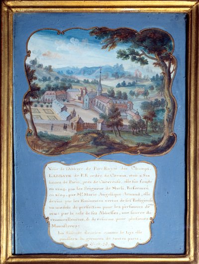 Jansenismus „“ Perspektivní pohled na opatství Port royal des champs““. Pohled na klášter Port-Royal-des-Champs). Anonymní kvaš z 18. století. Port Royal, Musee Des Granges. od French School