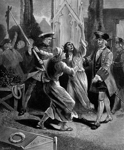Jansenismus: konvulsionáři (jansenističtí fanatici) loví ze hřbitova Saint Medard za Ludvíka XV. od French School