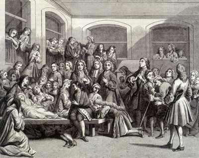Jansenismus: křeči na hřbitově Saint-Médard na hrobě jáhna Parîse (1690 - 1727), kde se děly „zázraky“. tisk z 18. století. od French School