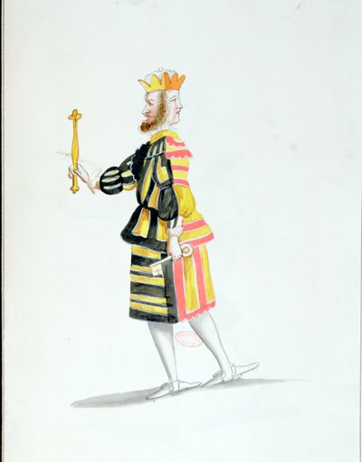 Kostým Janus pro Ballet de la Nuit od Jean-Baptiste Lullyho (1632-87) tančil Ludvík XIV., 23. února 1653 (wc na papíře) od French School