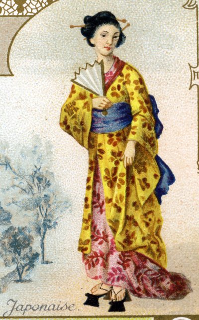 Japonka. Edice pařížská litografie, konec 19. století. Série 25 reklamních chromů pro dijonskou výrobnu Biscuits Pernot, vytvořená v roce 1869. Detail postav v tradičním kroji od French School
