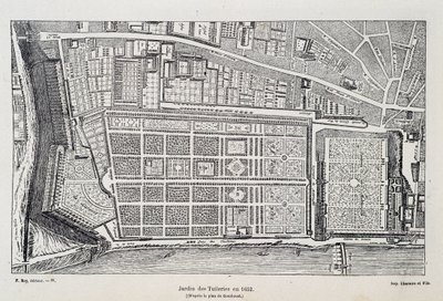 Jardin des Tuileries v roce 1652 (podle plánu Gomboust) - v „Paříži v průběhu staletí“, od H. Gourdona de Genouillac, ed. F. Roy, Paříž od French School