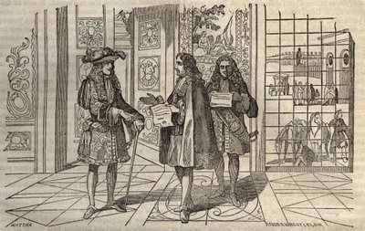 Jean Baptiste Colbert (Jean-Baptiste) (1619-1683) na setkání s králem Ludvíkem XIV. a Francoisem Louvoisem (1641-1691) ve Versailles - rytina podle Leclerca - od French School