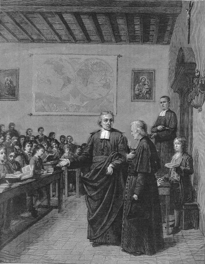 Jean Baptiste De La Salle (Jean-Baptiste) 1651-1719 Francouzský řeholník, zakladatel kongregace bratří křesťanských škol, ukazuje jednu ze svých škol panu de La Chetardiemu. Rytina z konce 19. století. od French School