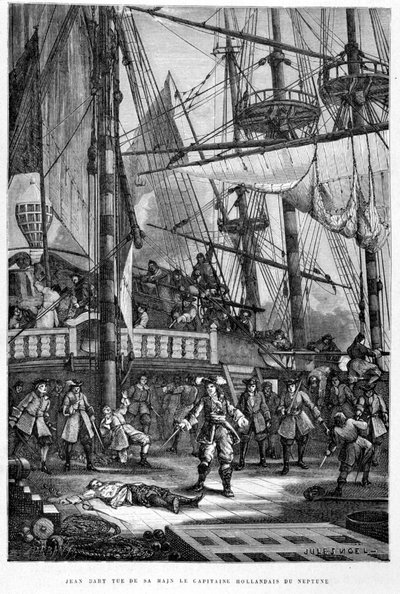 Jean Bart zabije nizozemského kapitána Neptunu rukou – v „Dějinách Francie““ od Guizota od French School