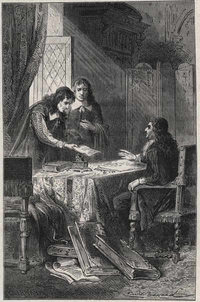 Jean Chapelain (1595-1674) francouzský básník a literární kritik a Pierre Costar (1603-1660) dal Jeanu Baptiste Colbertovi (1619-1683) seznam spisovatelů, kteří si zaslouží být králem důchodci - rytina „Les Hommes Celebres de la Francie“ od Louise Dumase 1 od French School