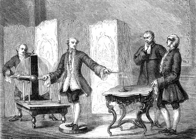 Jean JALLABERT (1712-1768), švýcarský fyzik, objevuje elektřinu na ostrých předmětech (Power of the Pointe od FRANKLIN). rytina 1867 od French School