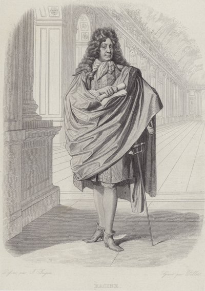 Jean Racine, francouzský dramatik, v zrcadlovém sále ve Versailles (rytina) od French School