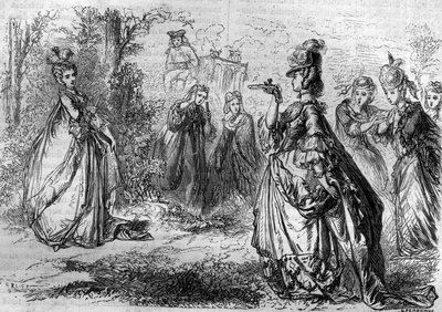 Jeanne Becu, hraběnka (nebo paní) z Barry (1743-1793)), oblíbenkyně Ludvíka XV. v pavilonu Lucienne. Rytina do „Historie papežů-králů-královen-a-císařů v průběhu staletí““ od Maurice Lachatre od French School