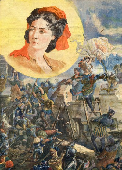 Jeanne Laisne (1456-?) , známá jako Jeanne Fourquet, přezdívaná Jeanne Hachette Heroine francaise - Jeanne Hachette v obležení Beauvais 1472 - Ilustrace pro Le petit Journal, 8. ledna 1894 od French School