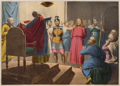 Ježíš Kristus před Kaifášem, ilustrace z katechismu LHistoire Sainte, vydal Charles Delagrave, Paříž, konec 19. století od French School