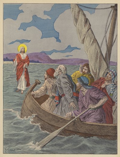 Ježíš Kristus kráčející po vodě (barevná litografie) od French School