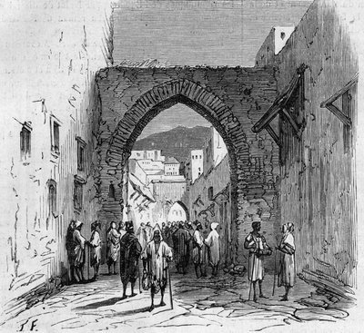 Židovská populace Tetouan (Tetouan) v Maroku: pohled na bránu židovského barrio od French School