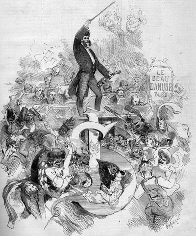 Johann Strauss mladý (1825-1899), na housle, během plesu masek v Pařížské opeře od French School