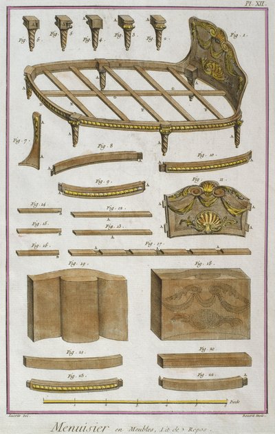 Truhlář, gauč, ilustrace z Encyclopedie des Sciences et Metiers od Denise Diderota (1713-84) rytina Roberta Benarda (fl.1734) vydaná kolem roku 1770 (barevná rytina) od French School