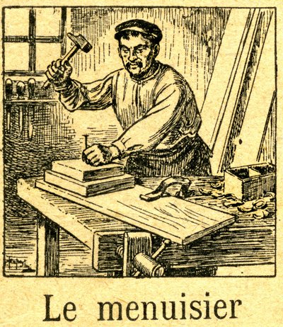 Truhlář výsadba tip (hřebík) s kladivem v sestavě desek na jeho lavici. Rytina slabikáře (čítanky) kolem roku 1920. od French School