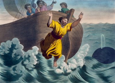 Jonáš hozen do moře, ilustrace z katechismu LHistoire Sainte, vydal Charles Delagrave, Paříž, konec 19. století od French School