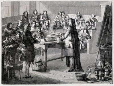 Joseph Black (1728 - 1799), britský chemik a fyzik, zažívá latentní kalorii před studenty University of Glascow od French School