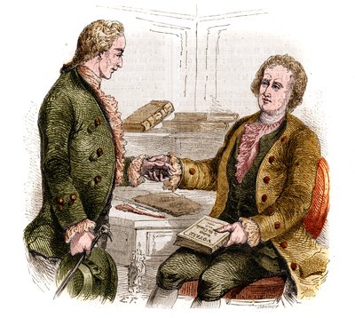 Joseph de Maistre (1753-1821), francouzský politik, spisovatel a filozof, a hrabě Xavier de Maistre (1763-1852), francouzský důstojník a spisovatel s prvním výtiskem „Cesta kolem mého pokoje“. Lesní kresba. Rytina z roku 1852. od French School