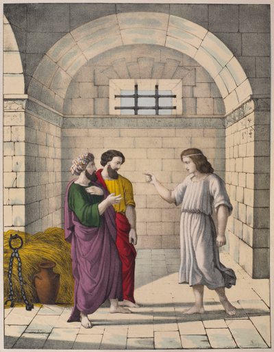 Joseph ve vězení vysvětlující sny vrchního pekaře a vrchního komorníka, ilustrace z katechismu LHistoire Sainte, vydal Charles Delagrave, Paříž, konec 19. století od French School
