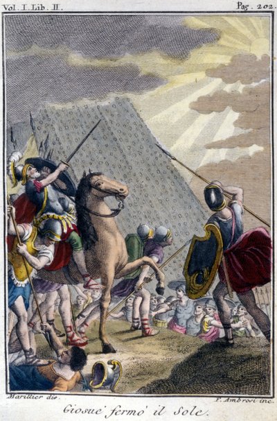 Joshua zastavuje rasu Slunce, rytina po francouzském vydání La Bible od De Sacy. Paříž od French School