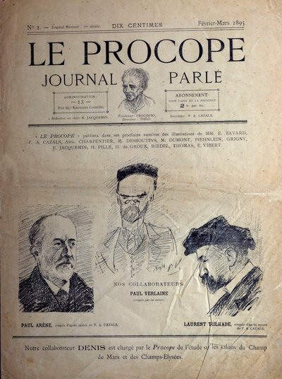 Journal du Proope, pařížská kavárna, únor 1895: portréty francouzských básníků Paul Verlaine, Paul Arene a Laurent Tailhade. od French School